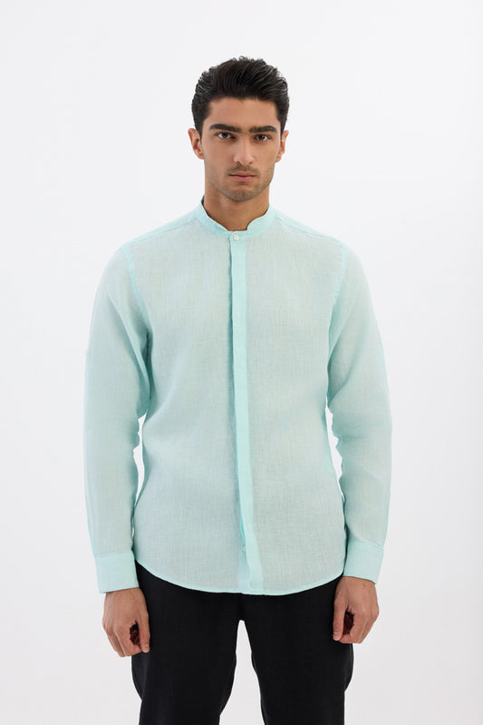 Mandarin collar 100% Linen - Tiffany Blue
