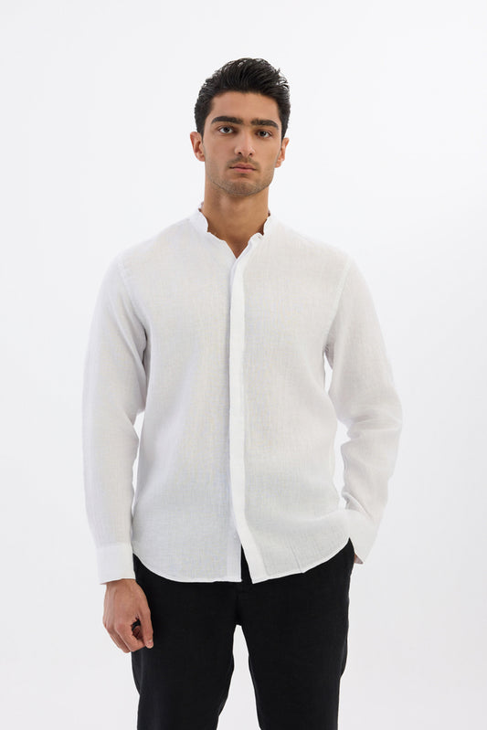 Mandarin collar 100% Linen - White