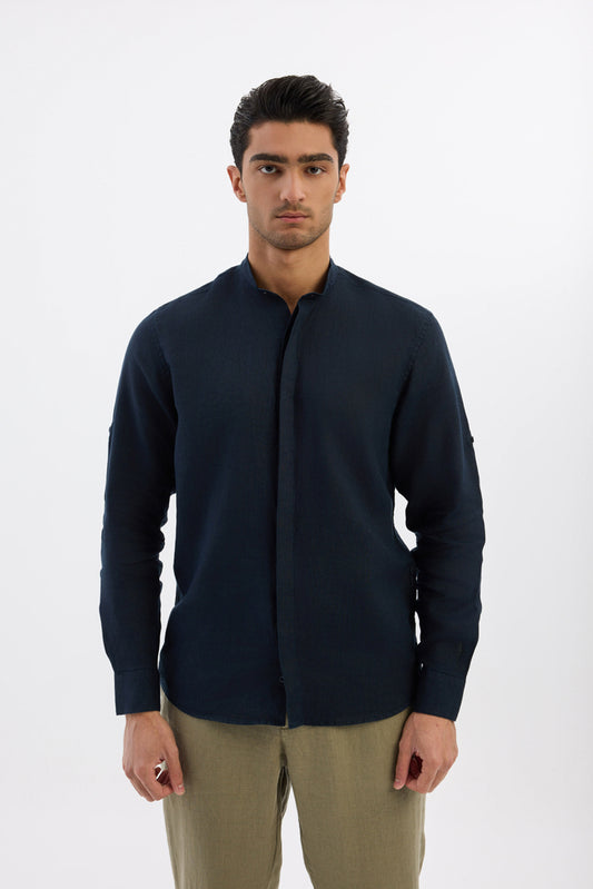 Mandarin collar 100% Linen - Navy Blue