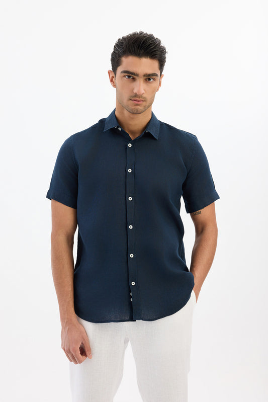 100% Linen Shirt Half Sleeve- Navy Blue