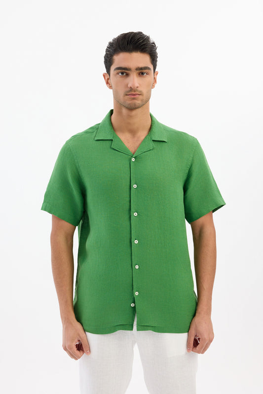 100% Linen Shirt Half Sleeve- Green