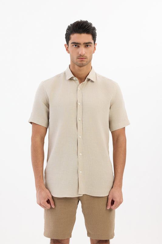 100% Linen Shirt Half Sleeve- Beige