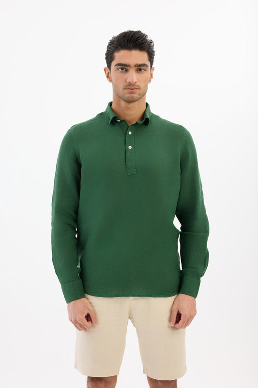 Half - Button 100% Linen shirt - Green