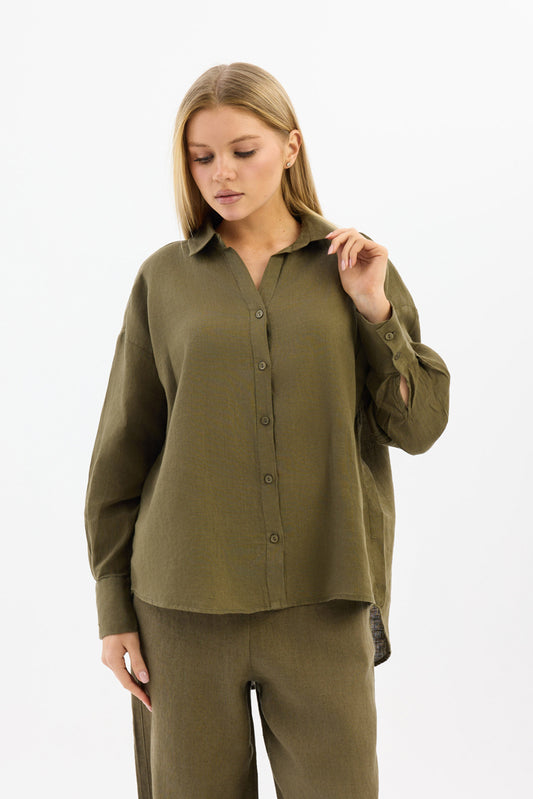 100% Linen Women’s Shirt – Olive Green