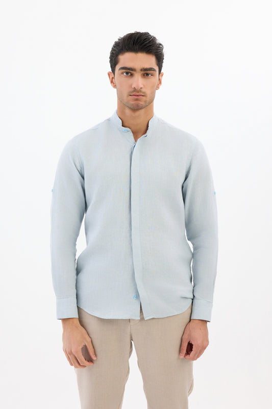Mandarin collar 100% Linen - Light Blue