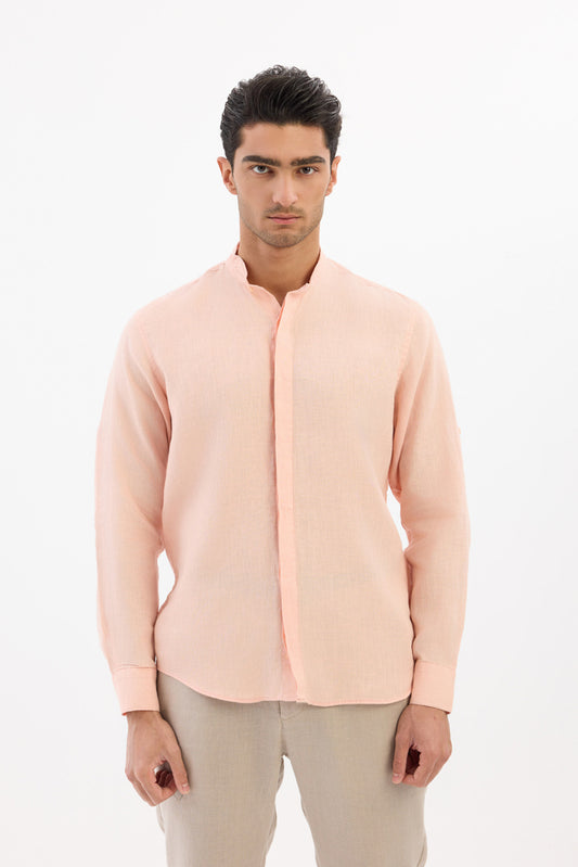 Mandarin collar 100% Linen - Salmon pink