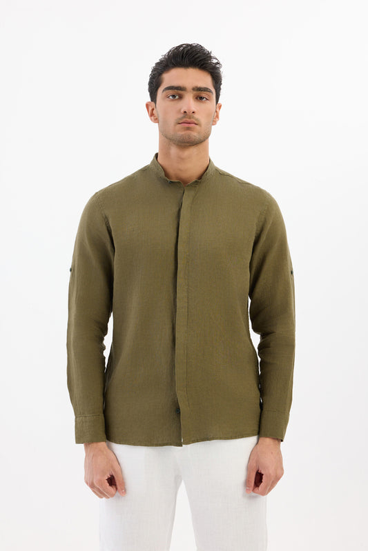 Mandarin collar 100% Linen - Green Army