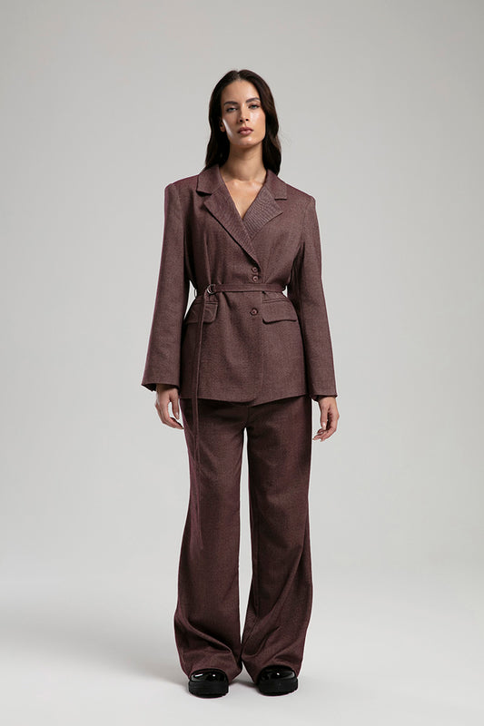 Belted Blazer & Wide-Leg Trouser Set - Burgundy