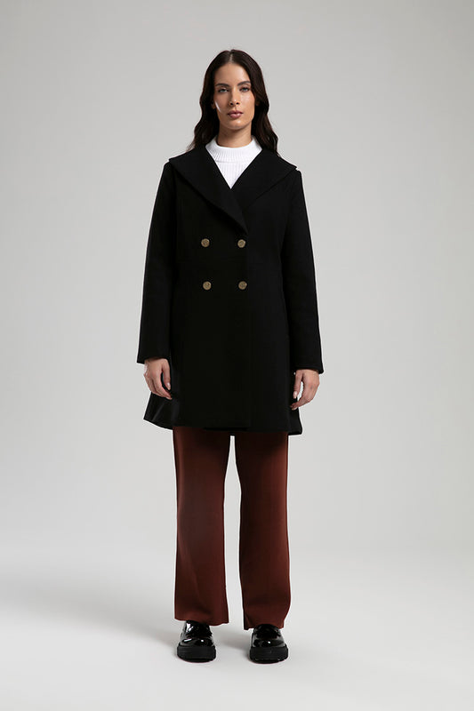 Short Double-Breasted Wool Coat - Black