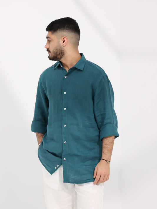 100% LINEN STAND-UP COLLAR SHIRT - TURQUAZ