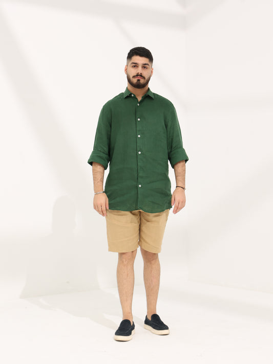 100% LINEN SHIRT - DARK GREEN