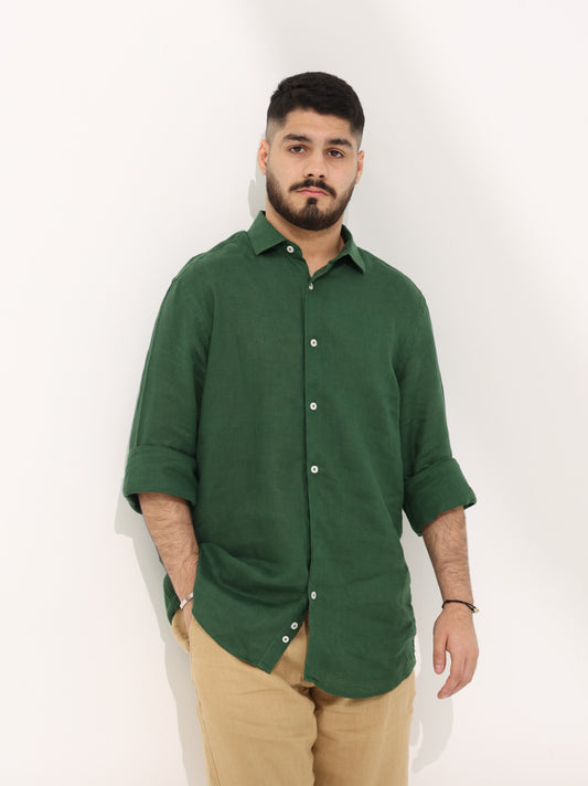 100% LINEN SHIRT - DARK GREEN