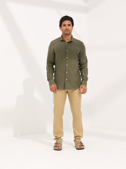 100% LINEN SHIRT - OLIVE