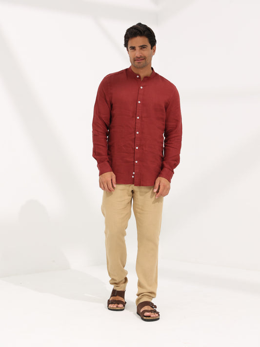 100% LINEN STAND-UP COLLAR SHIRT - MAROON