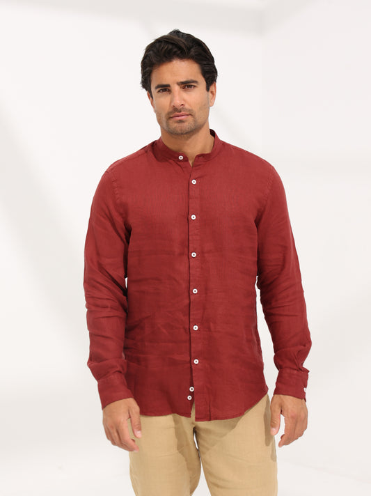 100% LINEN STAND-UP COLLAR SHIRT - MAROON