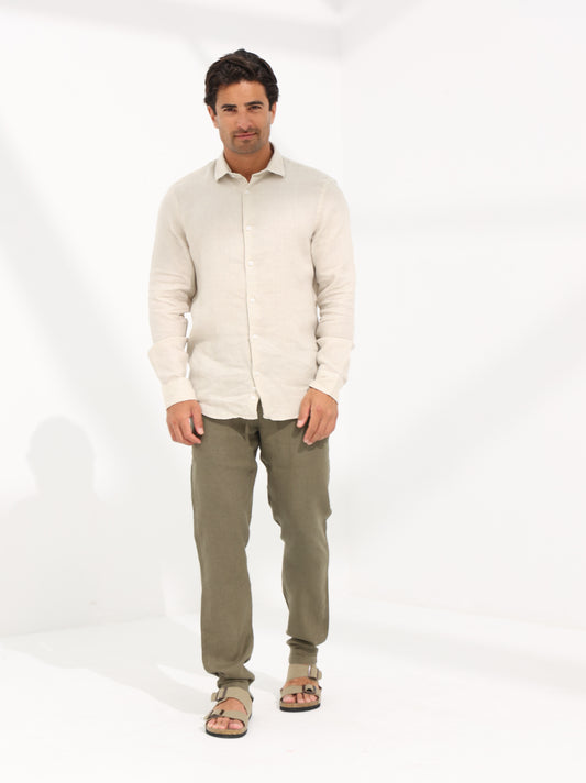 100% LINEN REGULAR FIT PANTS - OLIVE