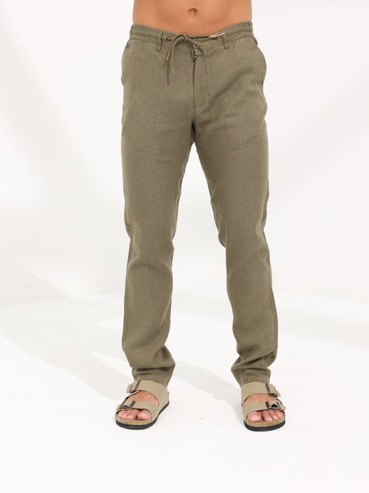 100% LINEN REGULAR FIT PANTS - OLIVE