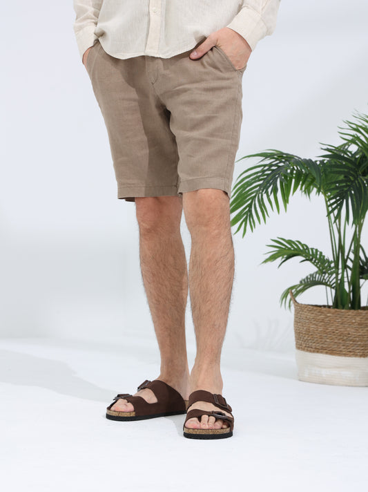 100% LINEN SHORT - LIGHT BROWN