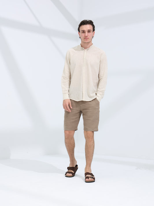 100% LINEN STAND-UP COLLAR SHIRT - BEIGE