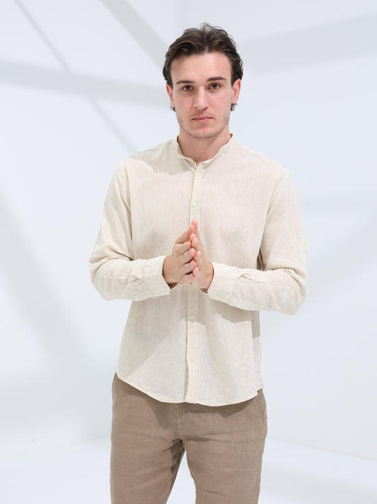 100% LINEN STAND-UP COLLAR SHIRT - BEIGE