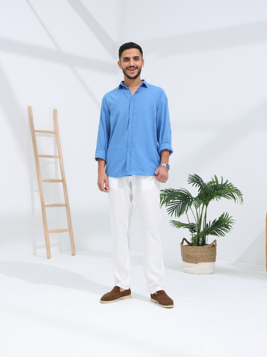 100% LINEN REGULAR FIT PANTS - WHITE