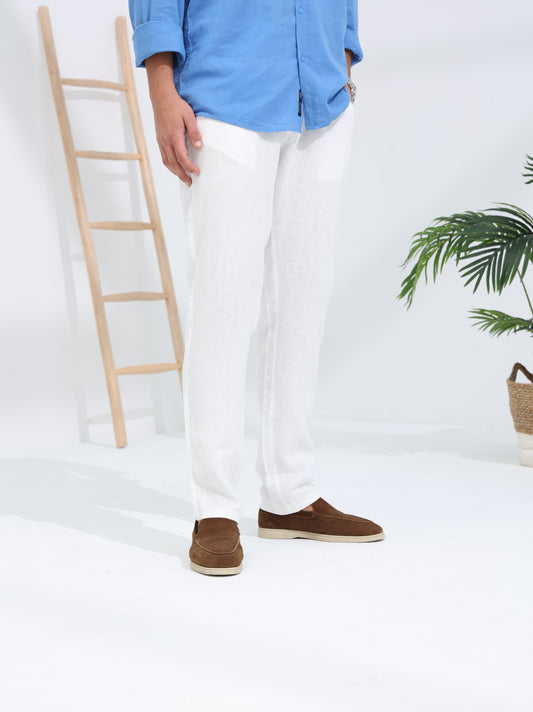 100% LINEN REGULAR FIT PANTS - WHITE