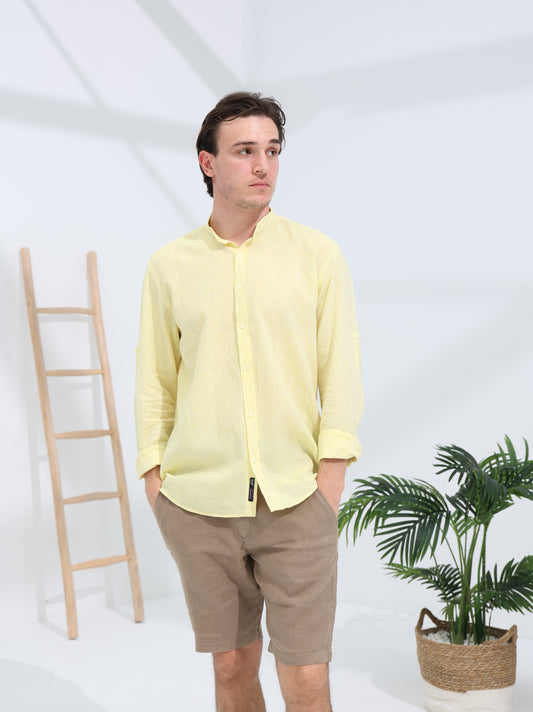 100% LINEN STAND-UP COLLAR SHIRT - YELLOW