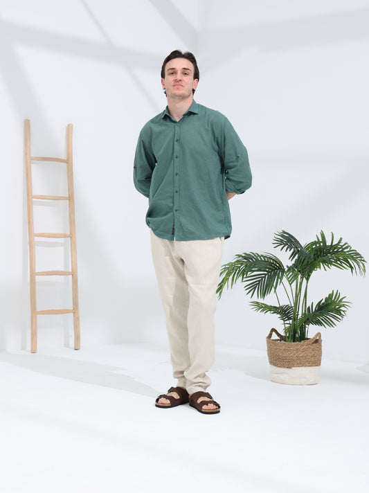 100% LINEN REGULAR FIT SHIRT - OPAL GREEN