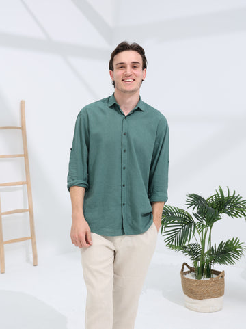 100% LINEN REGULAR FIT SHIRT - OPAL GREEN