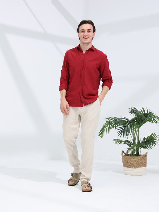 100% LINEN REGULAR FIT SHIRT - MAROON