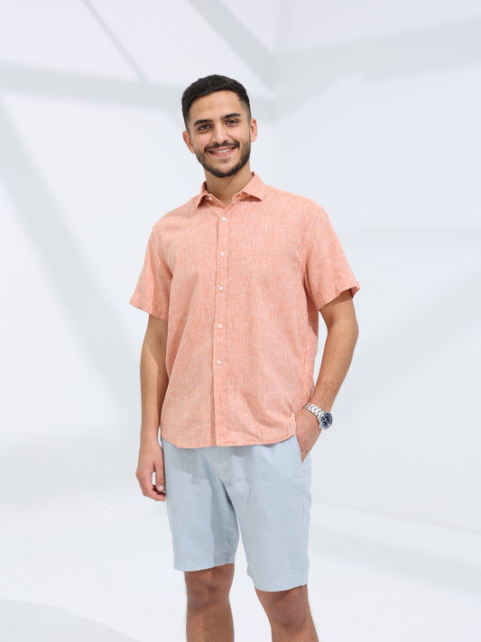 100% LINEN HALF SLEEVE SHIRT - SALMON