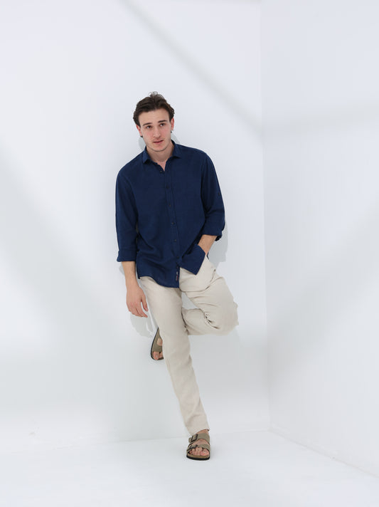 100% LINEN REGULAR FIT SHIRT - NAVY