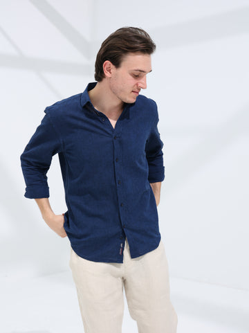 100% LINEN REGULAR FIT SHIRT - NAVY