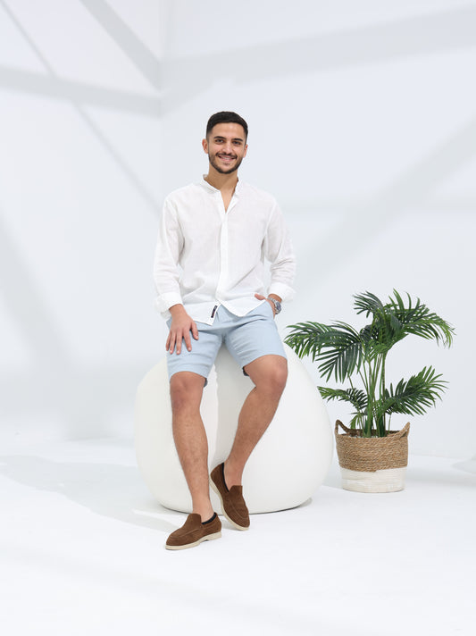 100% LINEN STAND-UP COLLAR SHIRT - WHITE