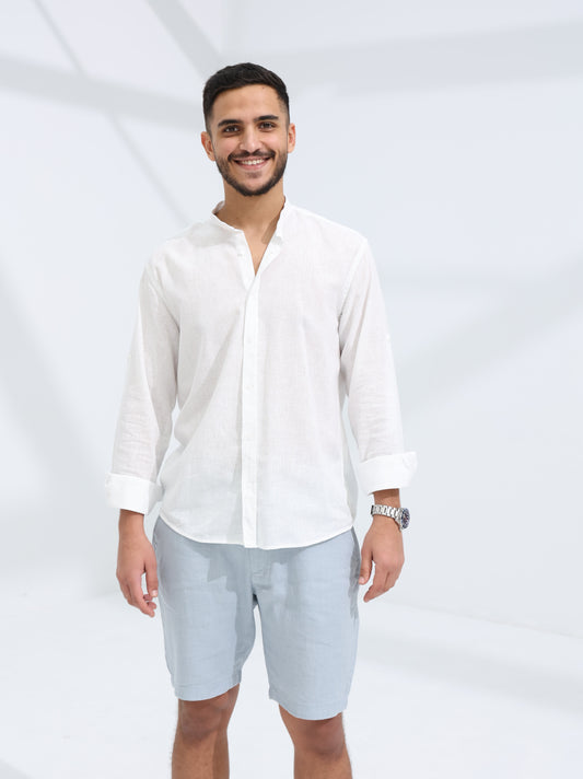 100% LINEN STAND-UP COLLAR SHIRT - WHITE