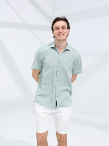 100% LINEN HALF SLEEVE SHIRT - LIGHT BLUE