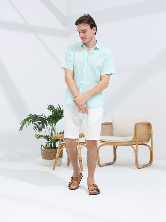 100% LINEN HALF SLEEVE SHIRT - LIGHT TURQUOISE