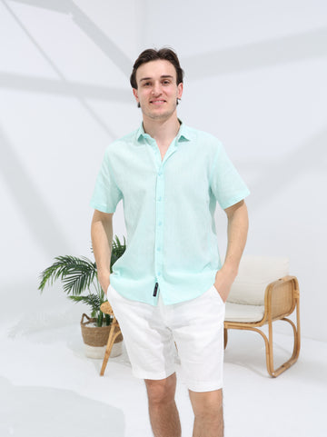 100% LINEN HALF SLEEVE SHIRT - LIGHT TURQUOISE