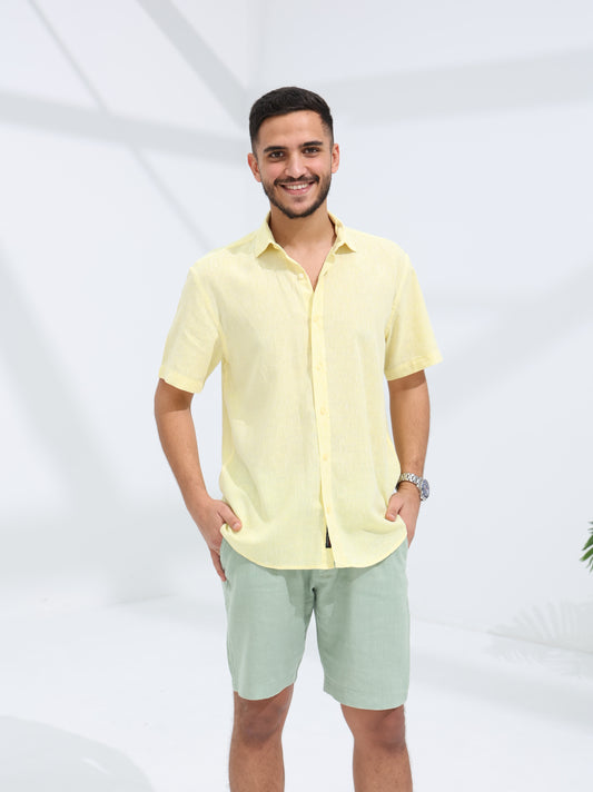 100% LINEN HALF SLEEVE SHIRT - YELLOW