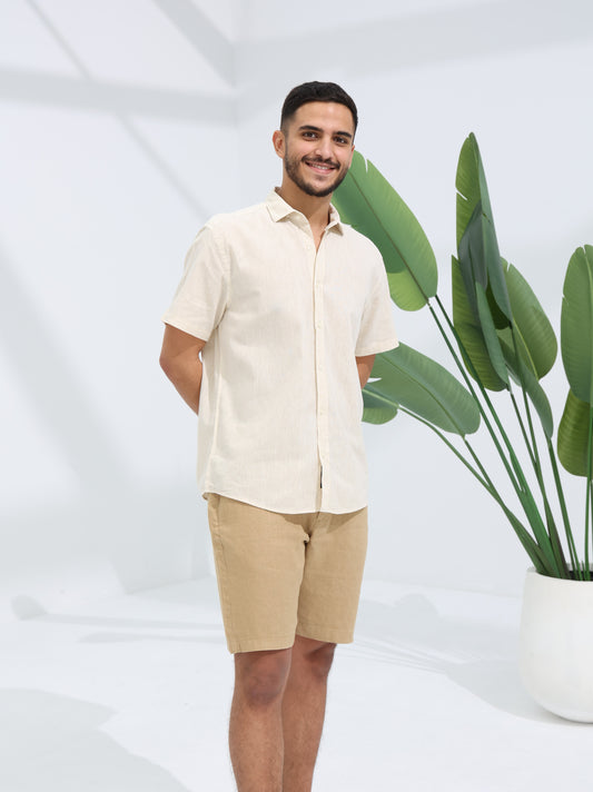 100% LINEN HALF SLEEVE SHIRT - BEIGE