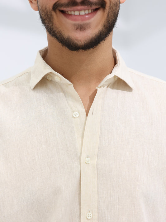 100% LINEN HALF SLEEVE SHIRT - BEIGE