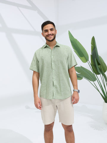 100% LINEN HALF SLEEVE SHIRT - GREEN