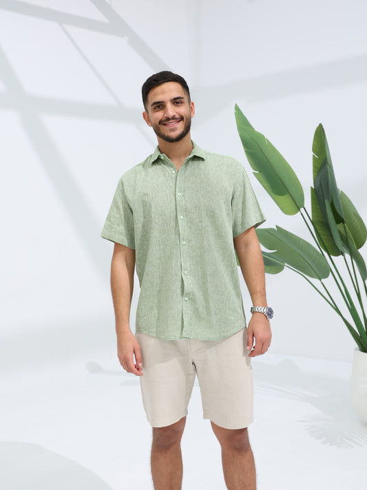 100% LINEN HALF SLEEVE SHIRT - GREEN