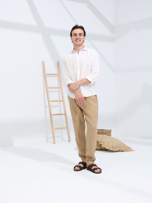 100% LINEN REGULAR FIT PANTS - SAND