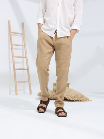 100% LINEN REGULAR FIT PANTS - SAND