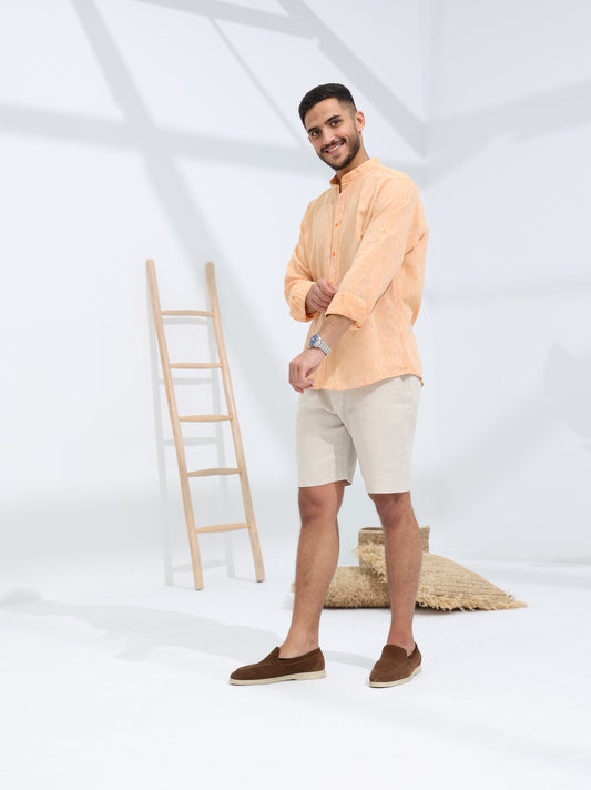 100% LINEN STAND-UP COLLAR SHIRT - ORANGE