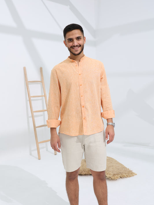 100% LINEN STAND-UP COLLAR SHIRT - ORANGE