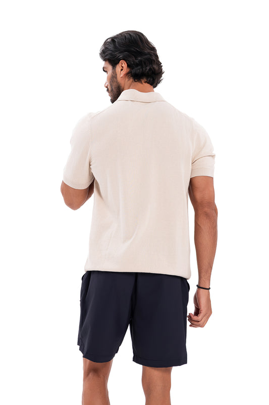 Cotton Zipper T-Shirt - Beige