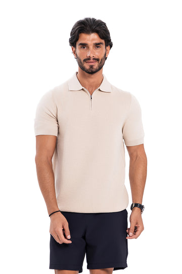 Cotton Zipper T-Shirt - Beige