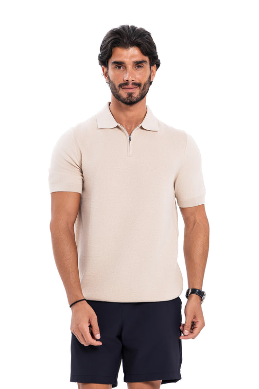 Cotton Zipper T-Shirt - Beige